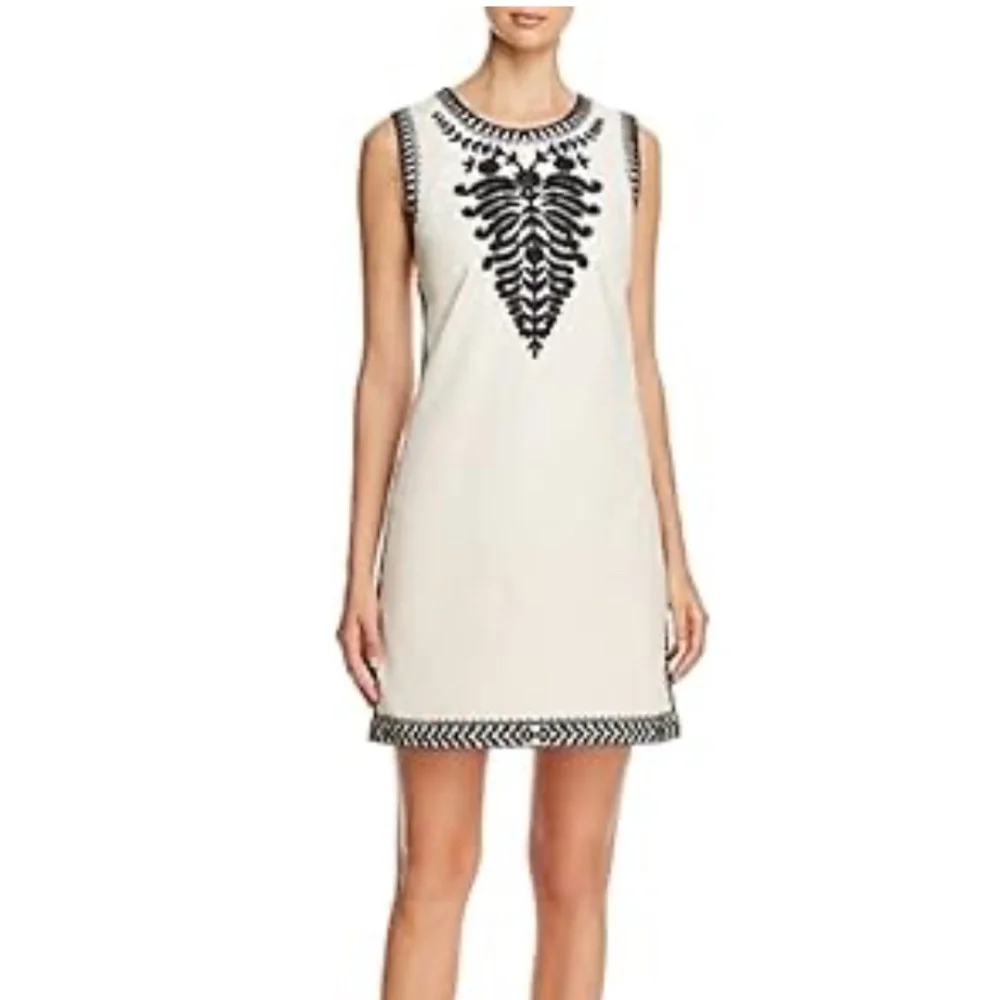 Tory Burch Ivory Sleeveless Shift Dress with Black Embroidered Trim